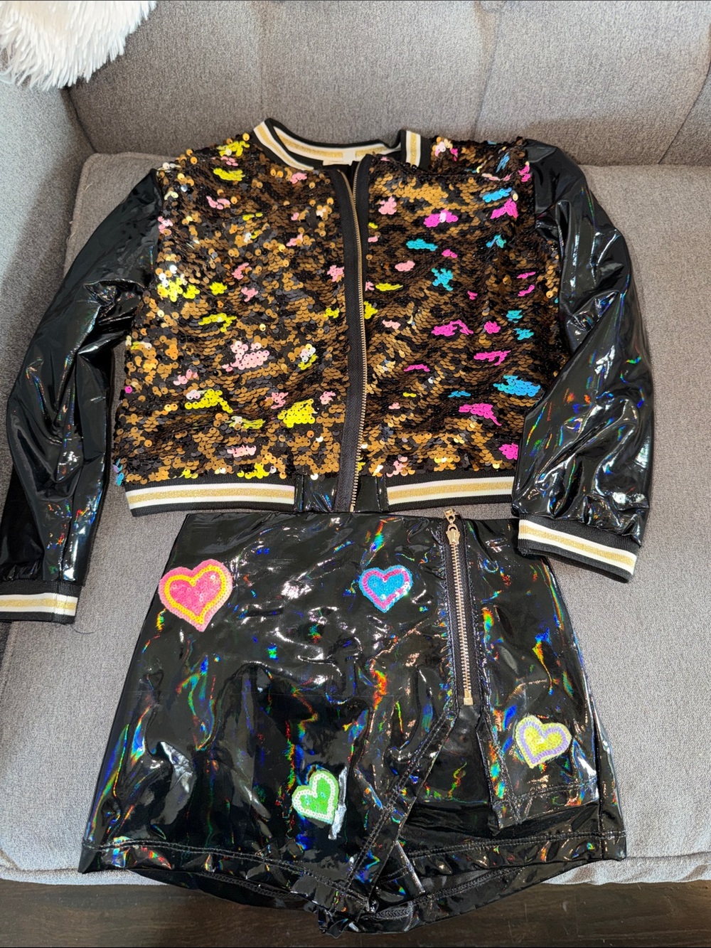 Girls Black Sequin Bomber Jacket & Holographic Skort Set